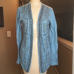 Blue Studded Open Front Cardigan Sweater